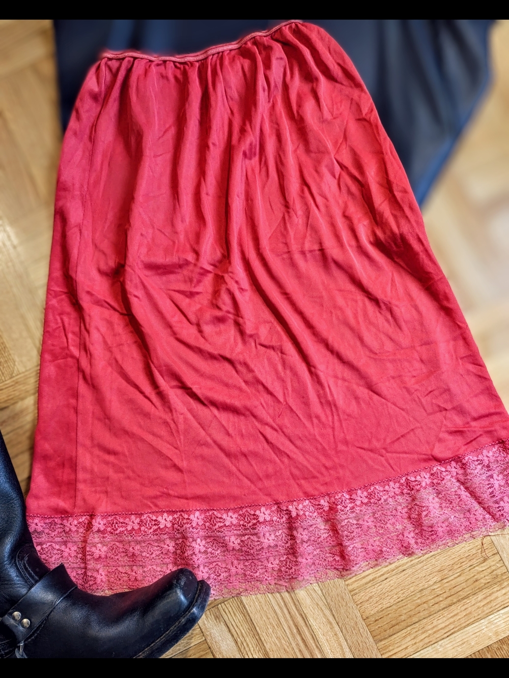 Vintage Red Sheer Slip Skirt Lace Hem Elastic Waist Y2K Midi S/M petite